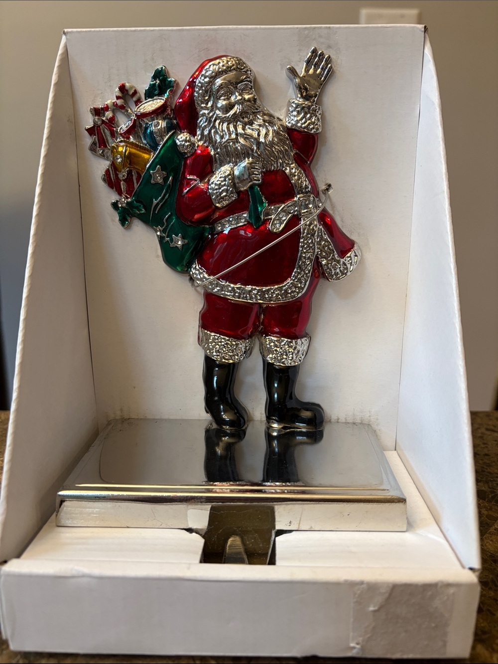 Source Unknown Red and Green Santa Figurine with Silver Accents